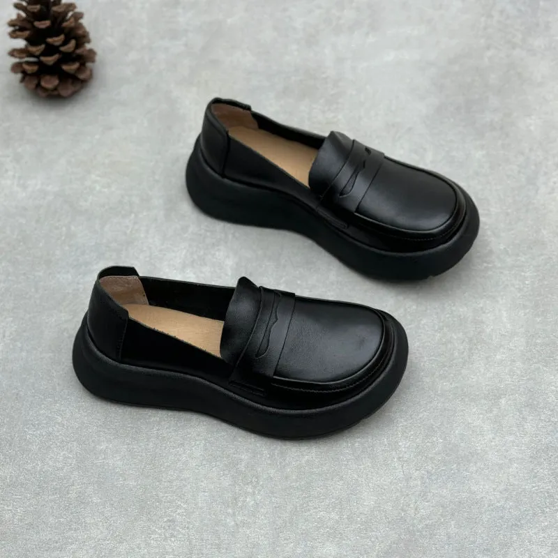 Women Retro Comfy Soft Platform Genuine Leather Slip-Ons