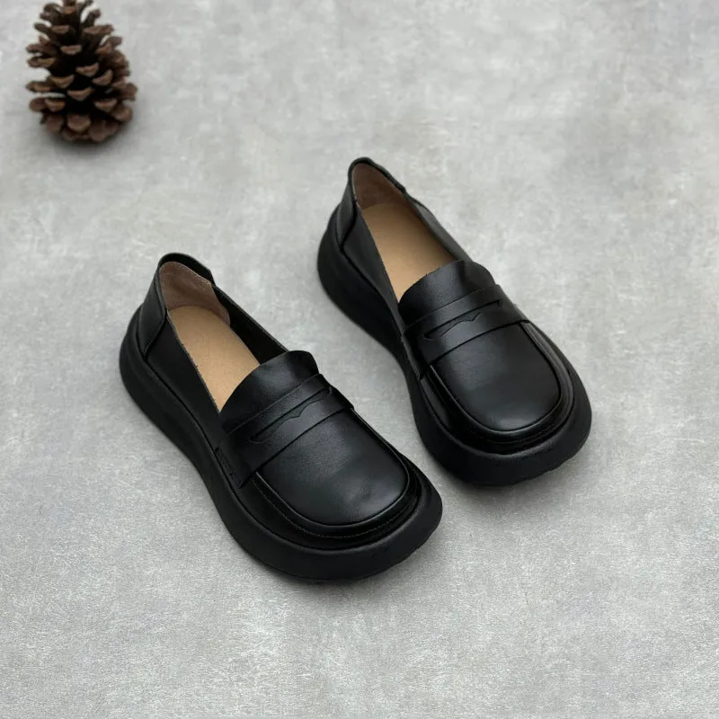 Women Retro Comfy Soft Platform Genuine Leather Slip-Ons