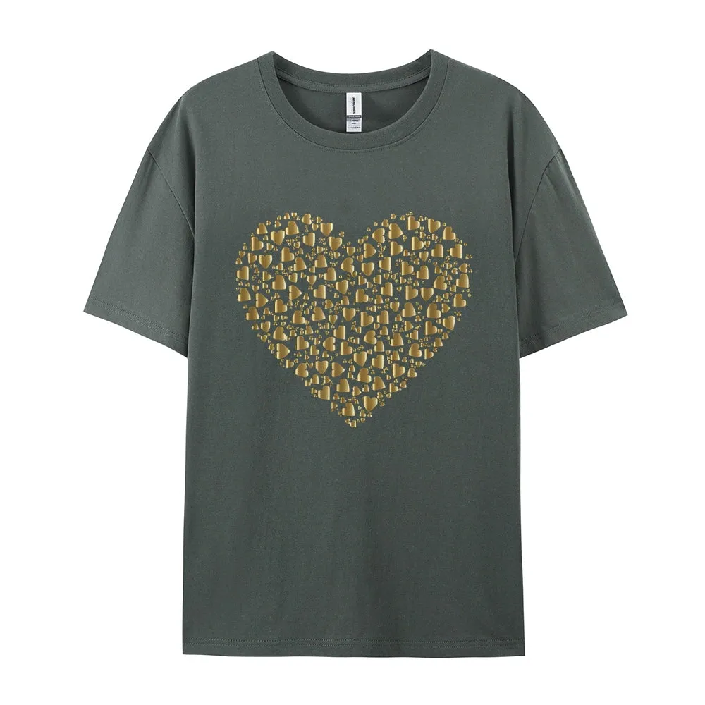 Women Valentine's Day Love Golden Heart Print Graphic T-shirt