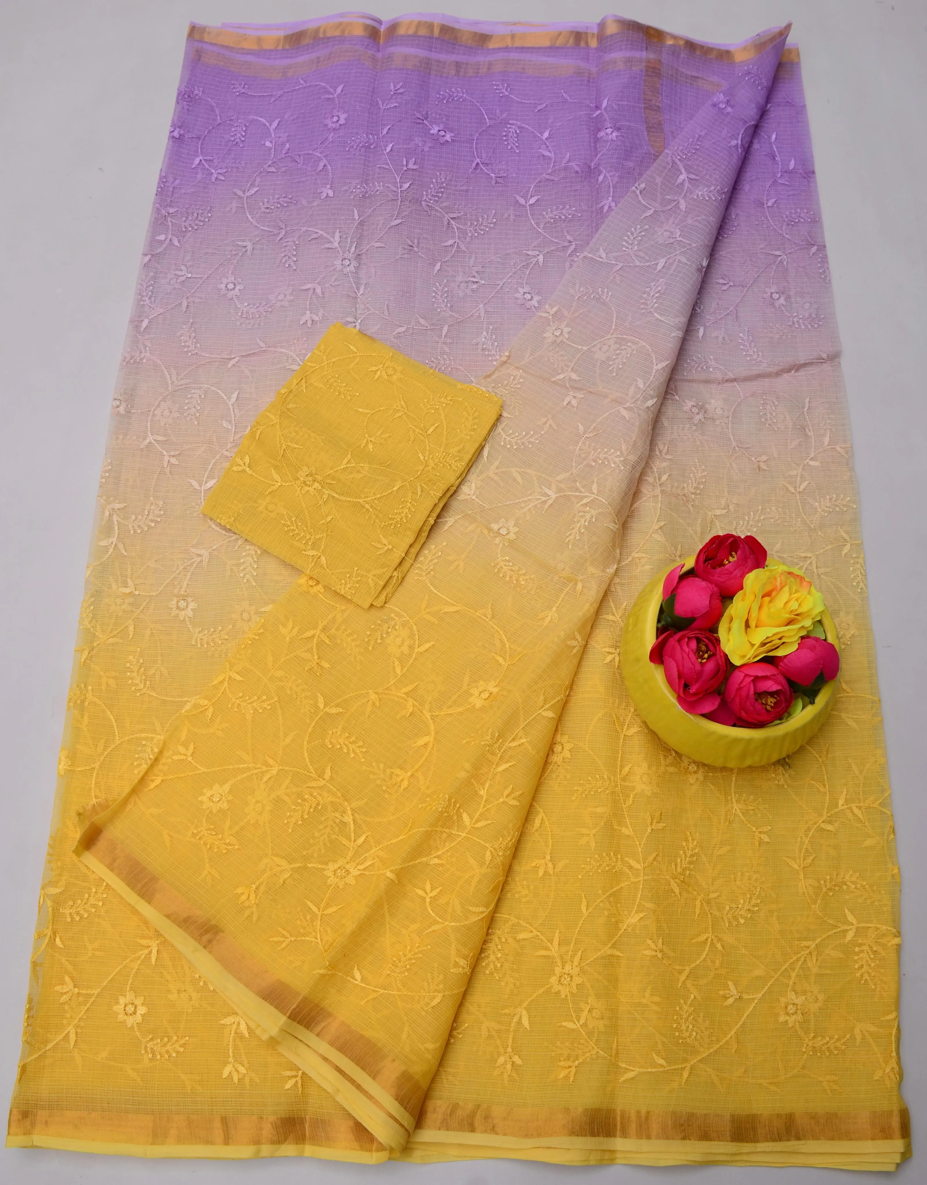 Yellow & purple Kota Doria All Over Embroidery Work Saree