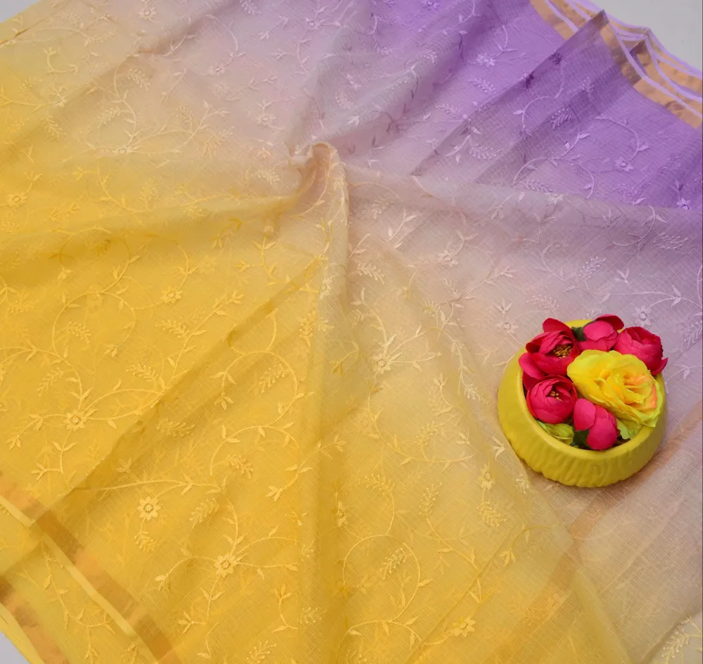 Yellow & purple Kota Doria All Over Embroidery Work Saree
