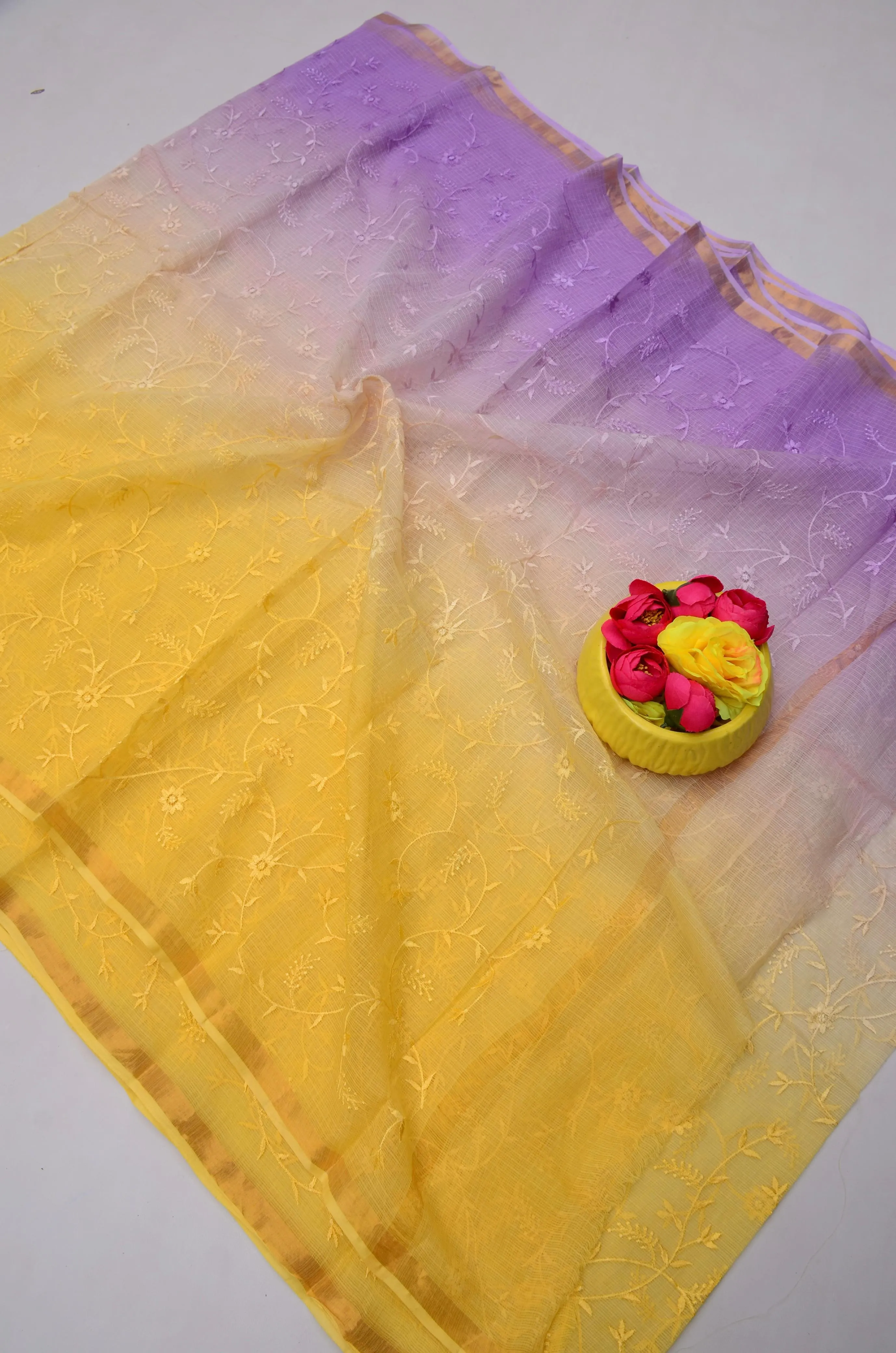 Yellow & purple Kota Doria All Over Embroidery Work Saree