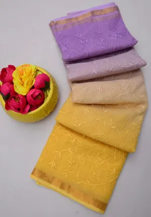 Yellow & purple Kota Doria All Over Embroidery Work Saree
