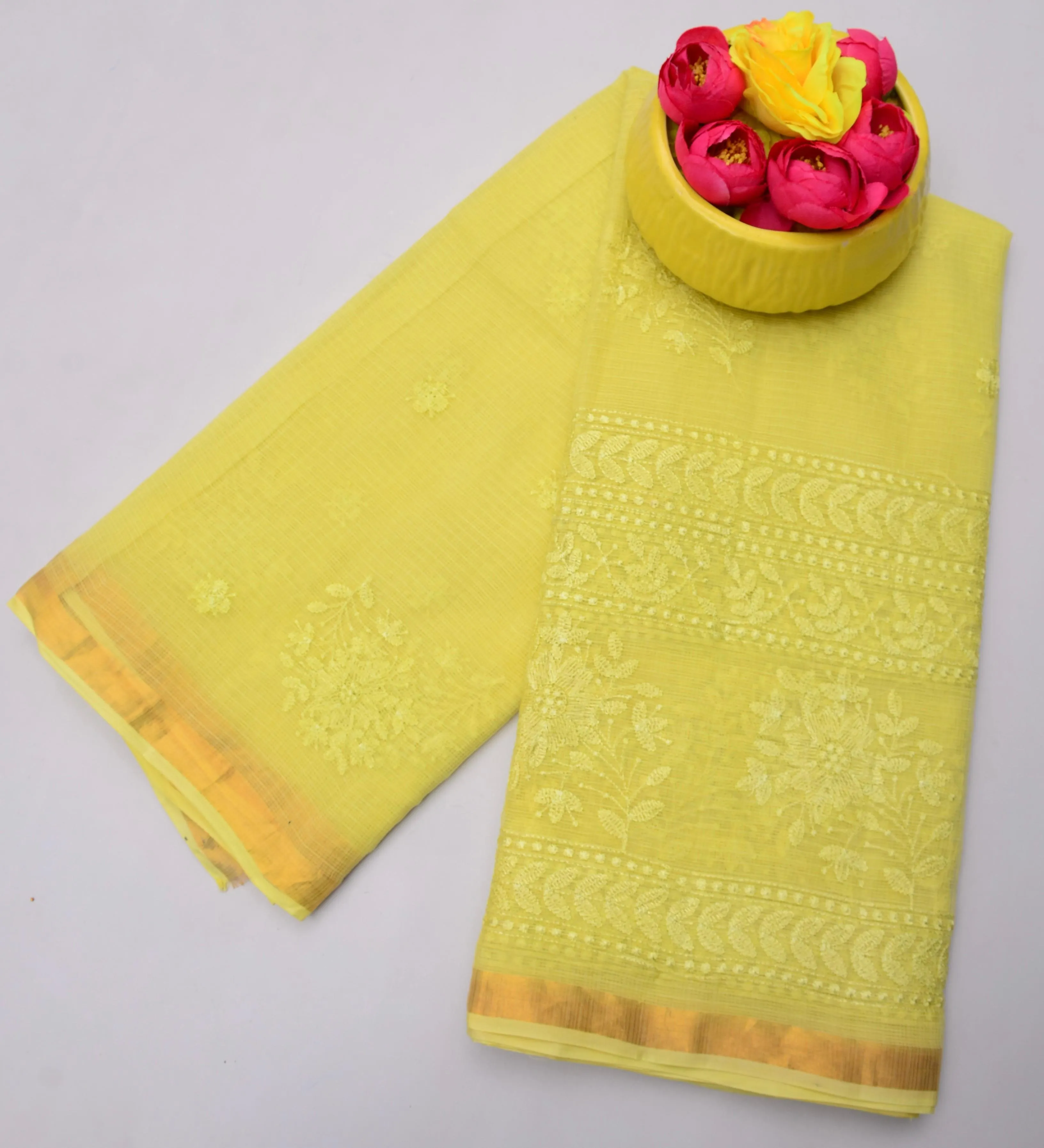 Yellow Kota Doria All Over Embroidery Work Saree
