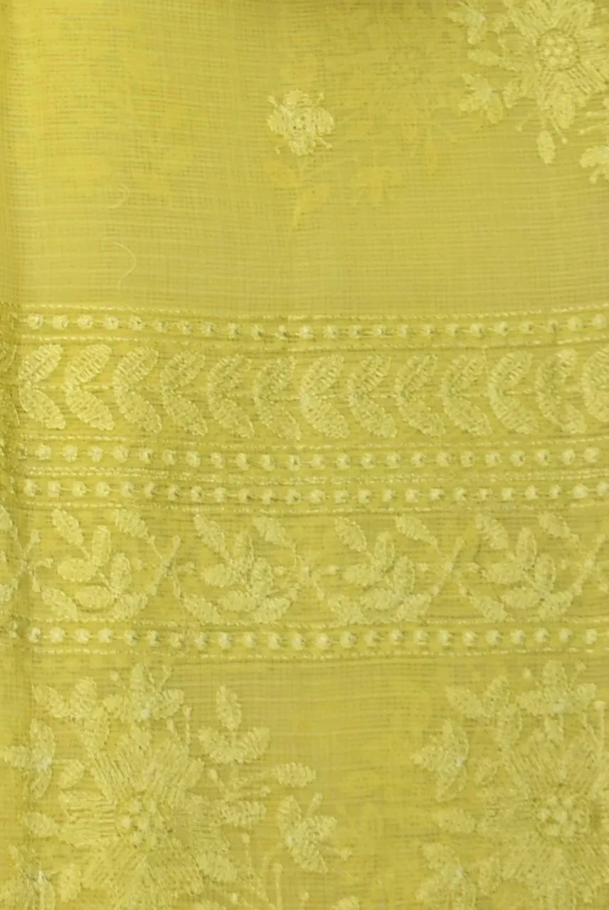 Yellow Kota Doria All Over Embroidery Work Saree