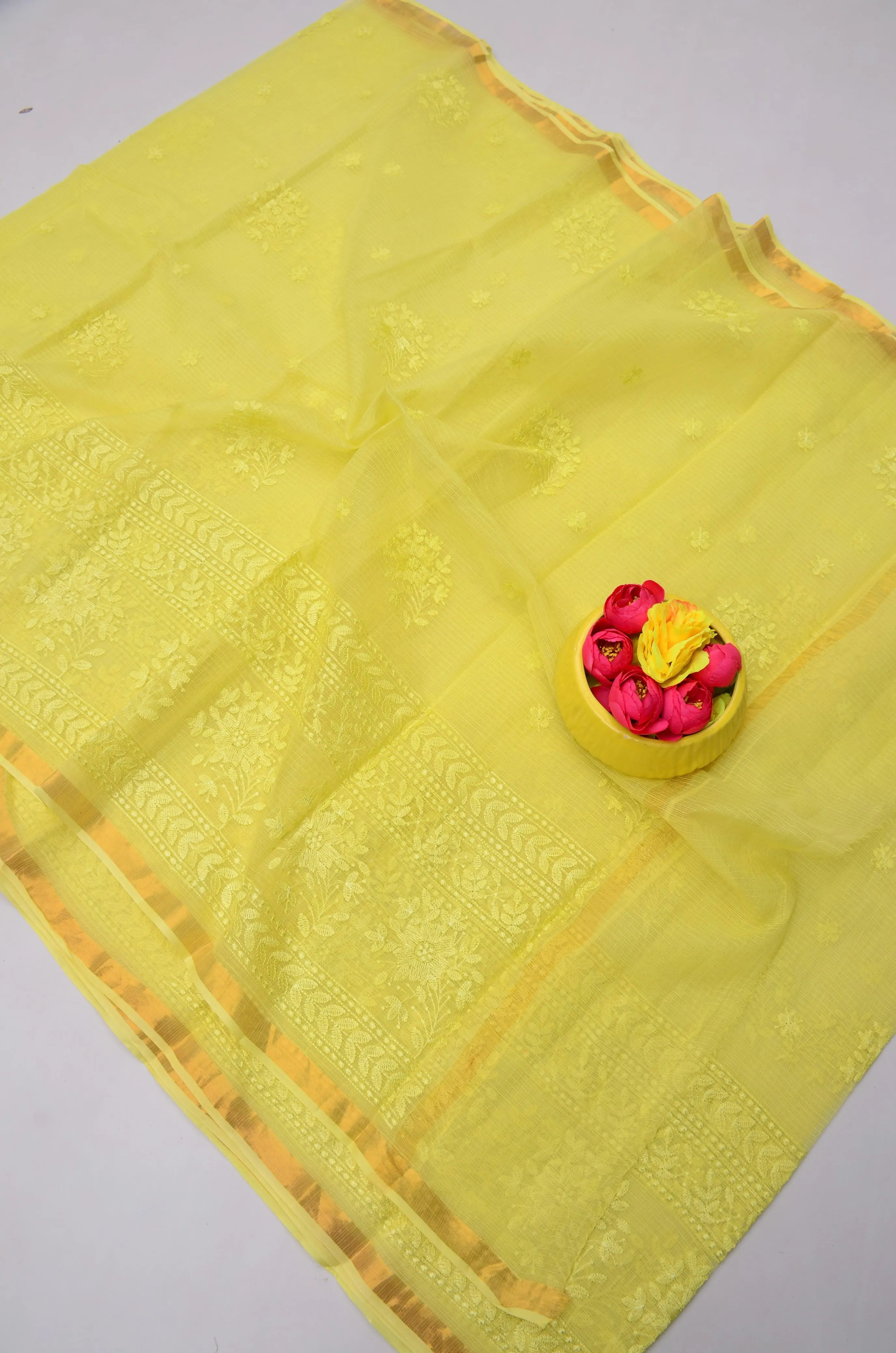 Yellow Kota Doria All Over Embroidery Work Saree
