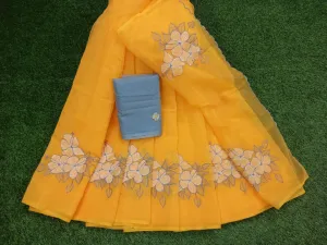 yellow Kota Doria Embroidery Work Saree