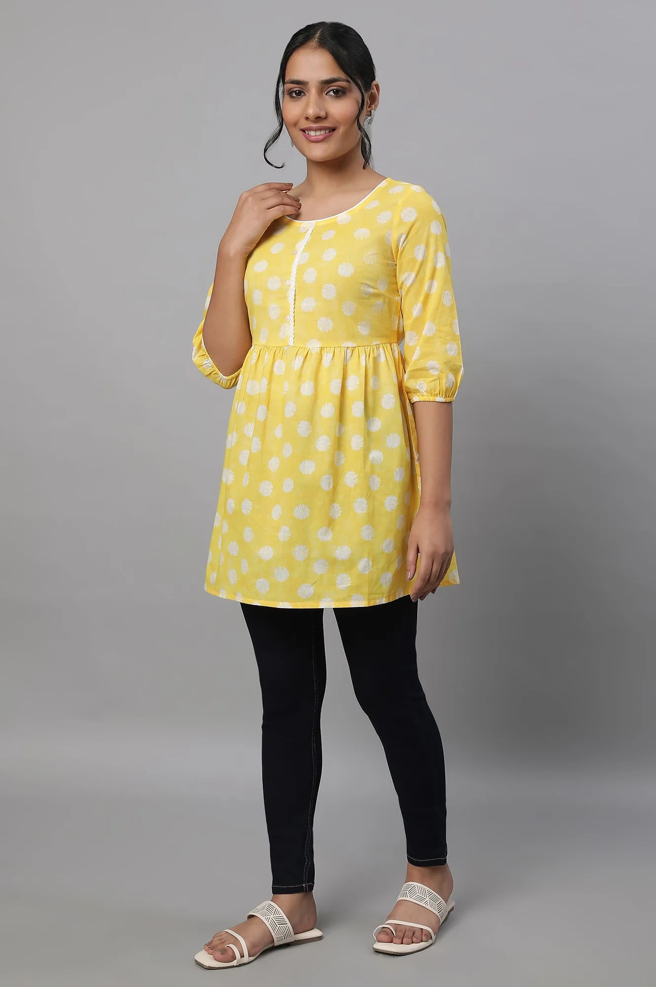 Yellow Polka Print kurta & Blue Denim Jeggings