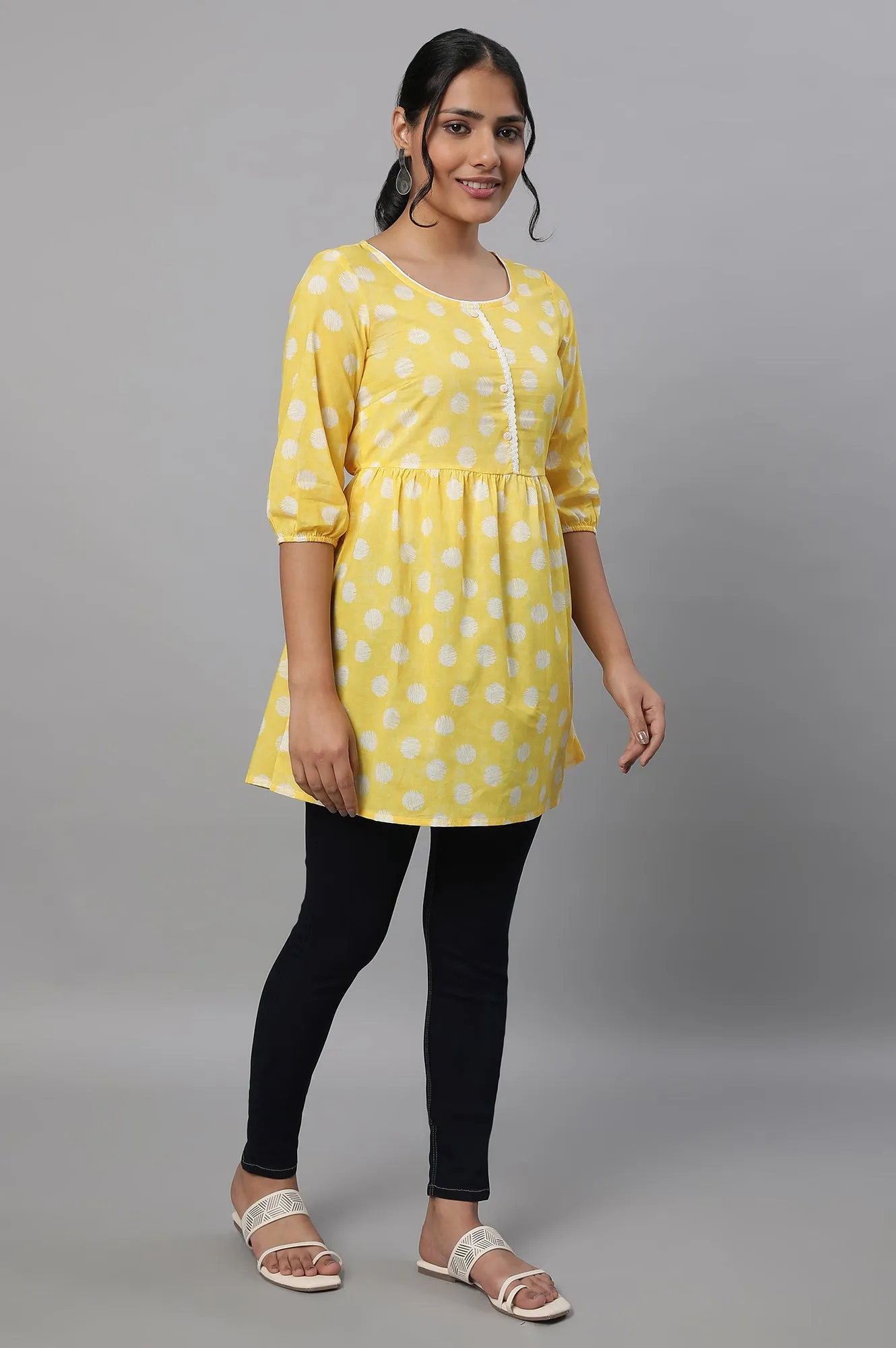 Yellow Polka Print kurta & Blue Denim Jeggings
