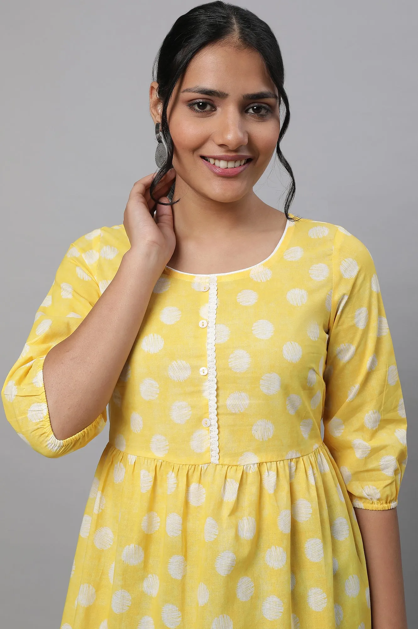 Yellow Polka Print kurta & Blue Denim Jeggings