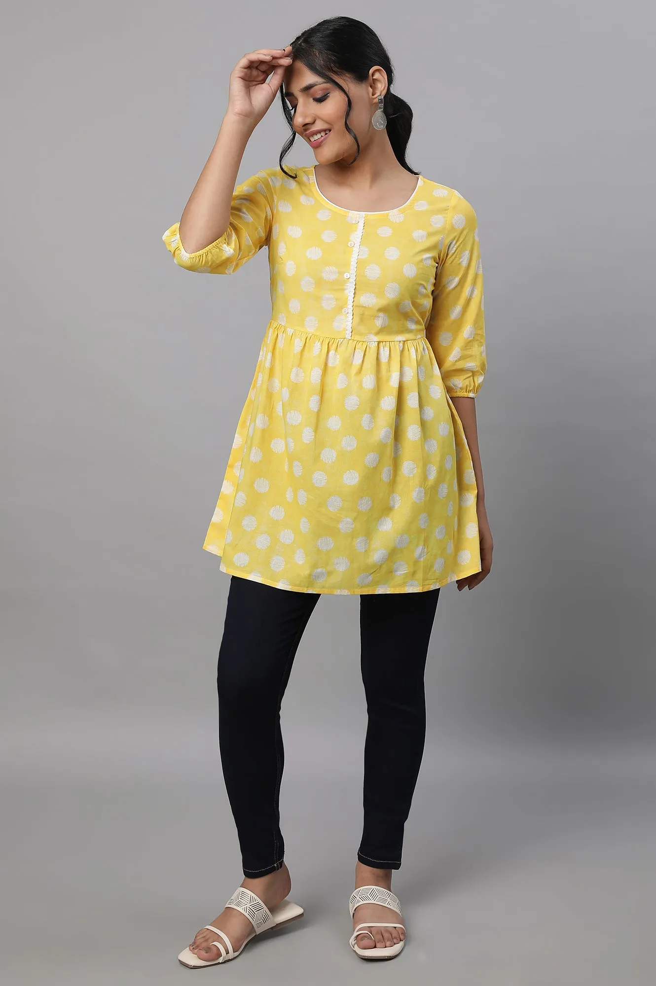 Yellow Polka Print kurta & Blue Denim Jeggings