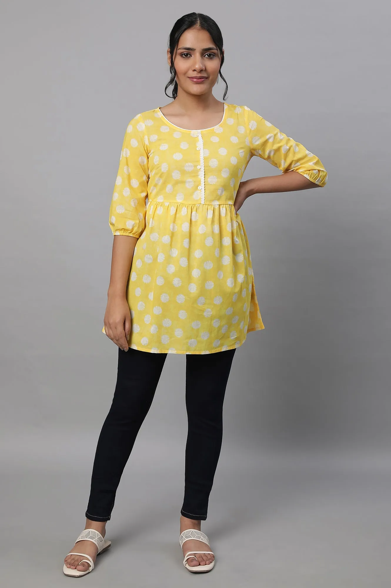 Yellow Polka Print kurta & Blue Denim Jeggings