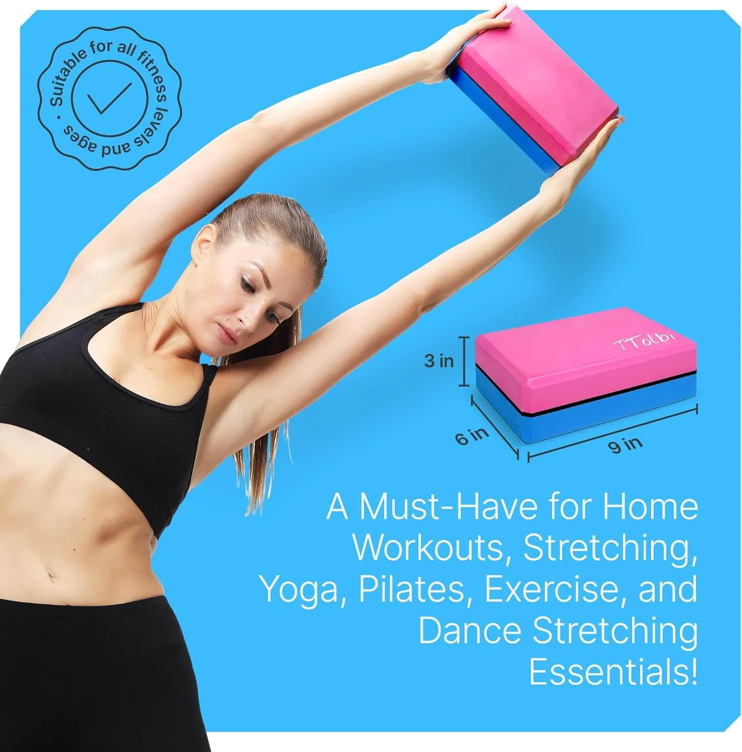 Yoga Blocks 2 Pack Kit with Dance Stretch Band & Guide: Non-Slip EVA Foam Block - Ideal Stretching Equipment for Home Workouts, Dance, Ballet, Gymnastics, Pilates, Exercise - Stretch Strap Stuff Props