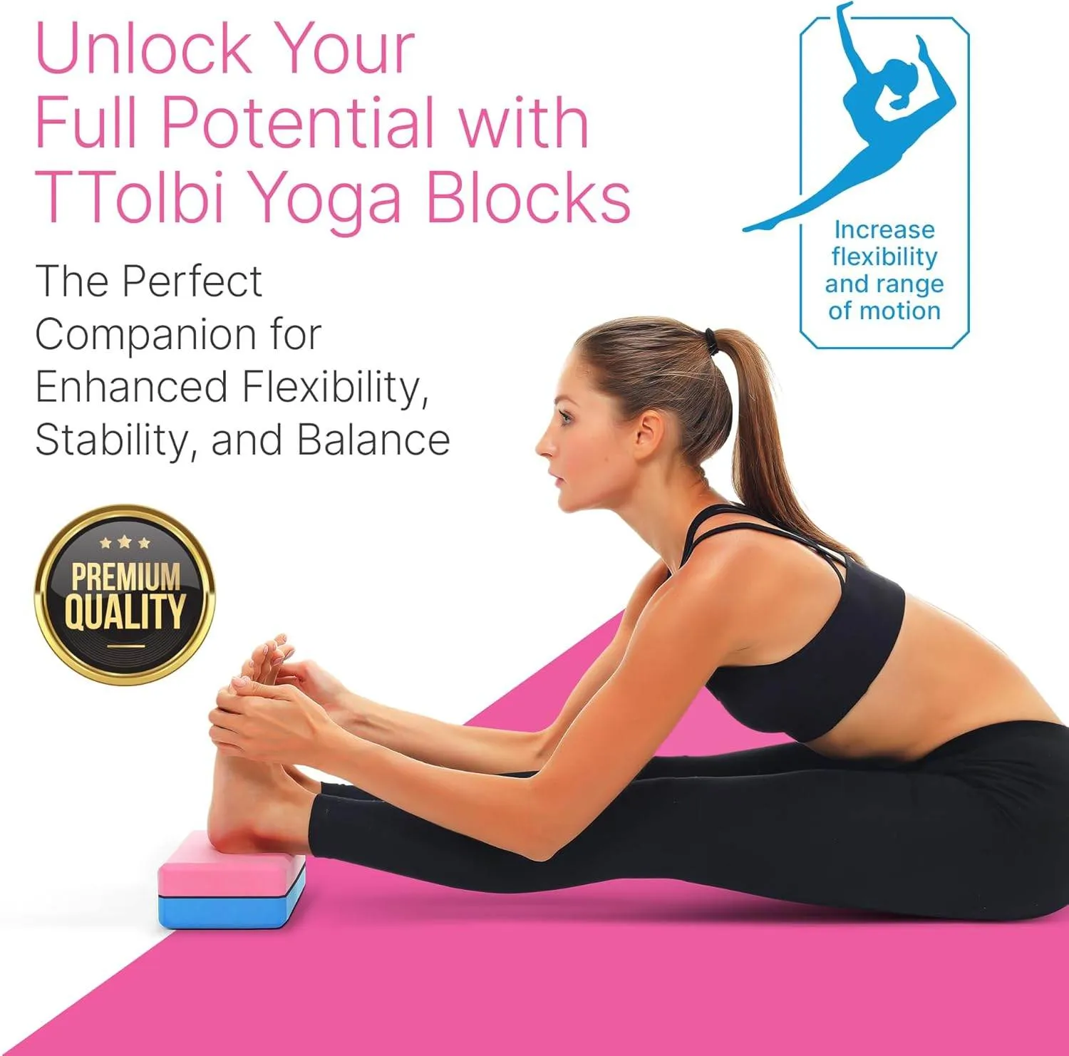 Yoga Blocks 2 Pack Kit with Dance Stretch Band & Guide: Non-Slip EVA Foam Block - Ideal Stretching Equipment for Home Workouts, Dance, Ballet, Gymnastics, Pilates, Exercise - Stretch Strap Stuff Props