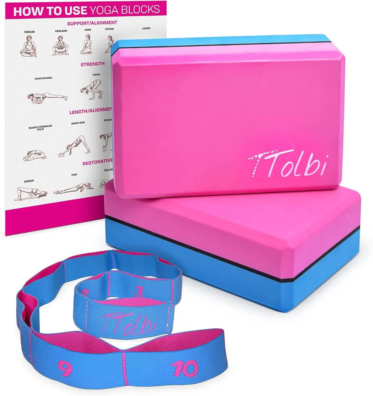 Yoga Blocks 2 Pack Kit with Dance Stretch Band & Guide: Non-Slip EVA Foam Block - Ideal Stretching Equipment for Home Workouts, Dance, Ballet, Gymnastics, Pilates, Exercise - Stretch Strap Stuff Props