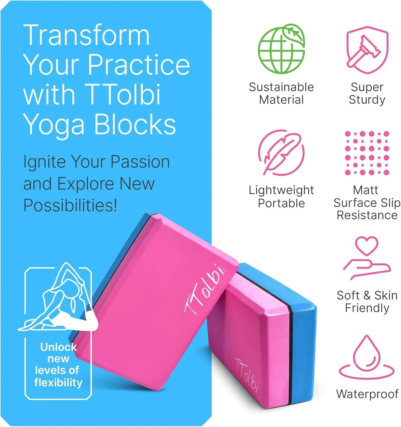 Yoga Blocks 2 Pack Kit with Dance Stretch Band & Guide: Non-Slip EVA Foam Block - Ideal Stretching Equipment for Home Workouts, Dance, Ballet, Gymnastics, Pilates, Exercise - Stretch Strap Stuff Props