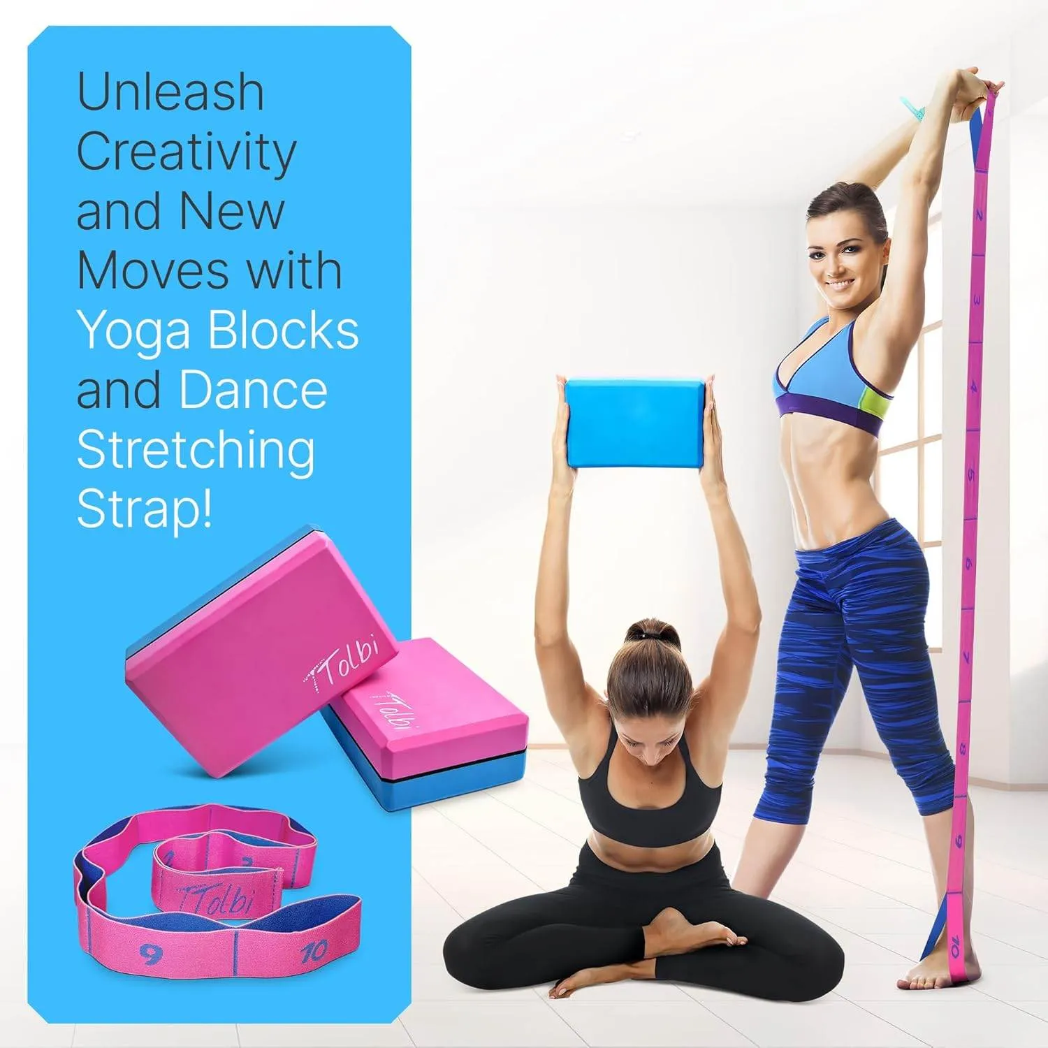 Yoga Blocks 2 Pack Kit with Dance Stretch Band & Guide: Non-Slip EVA Foam Block - Ideal Stretching Equipment for Home Workouts, Dance, Ballet, Gymnastics, Pilates, Exercise - Stretch Strap Stuff Props