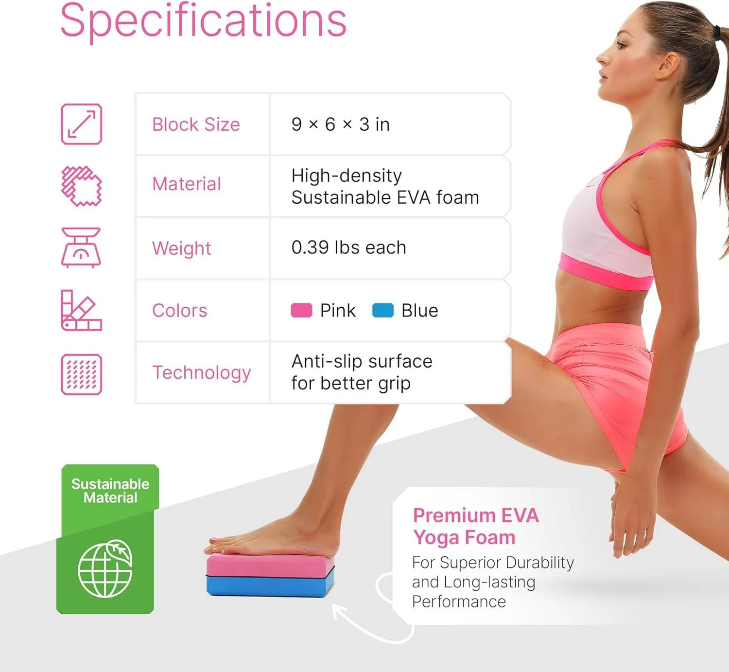 Yoga Blocks 2 Pack Kit with Dance Stretch Band & Guide: Non-Slip EVA Foam Block - Ideal Stretching Equipment for Home Workouts, Dance, Ballet, Gymnastics, Pilates, Exercise - Stretch Strap Stuff Props