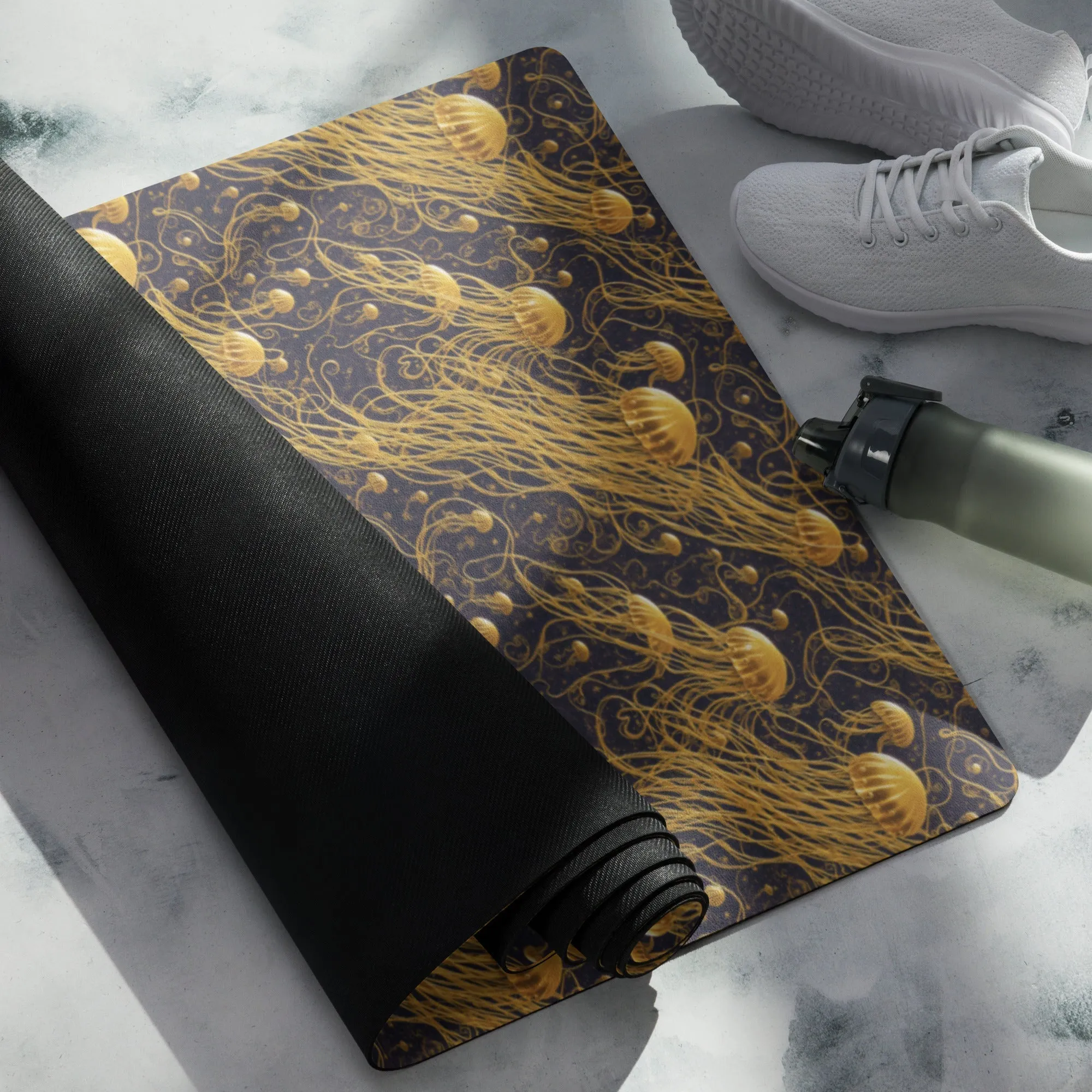 Yoga mat - Black and Gold Jellyfishes
