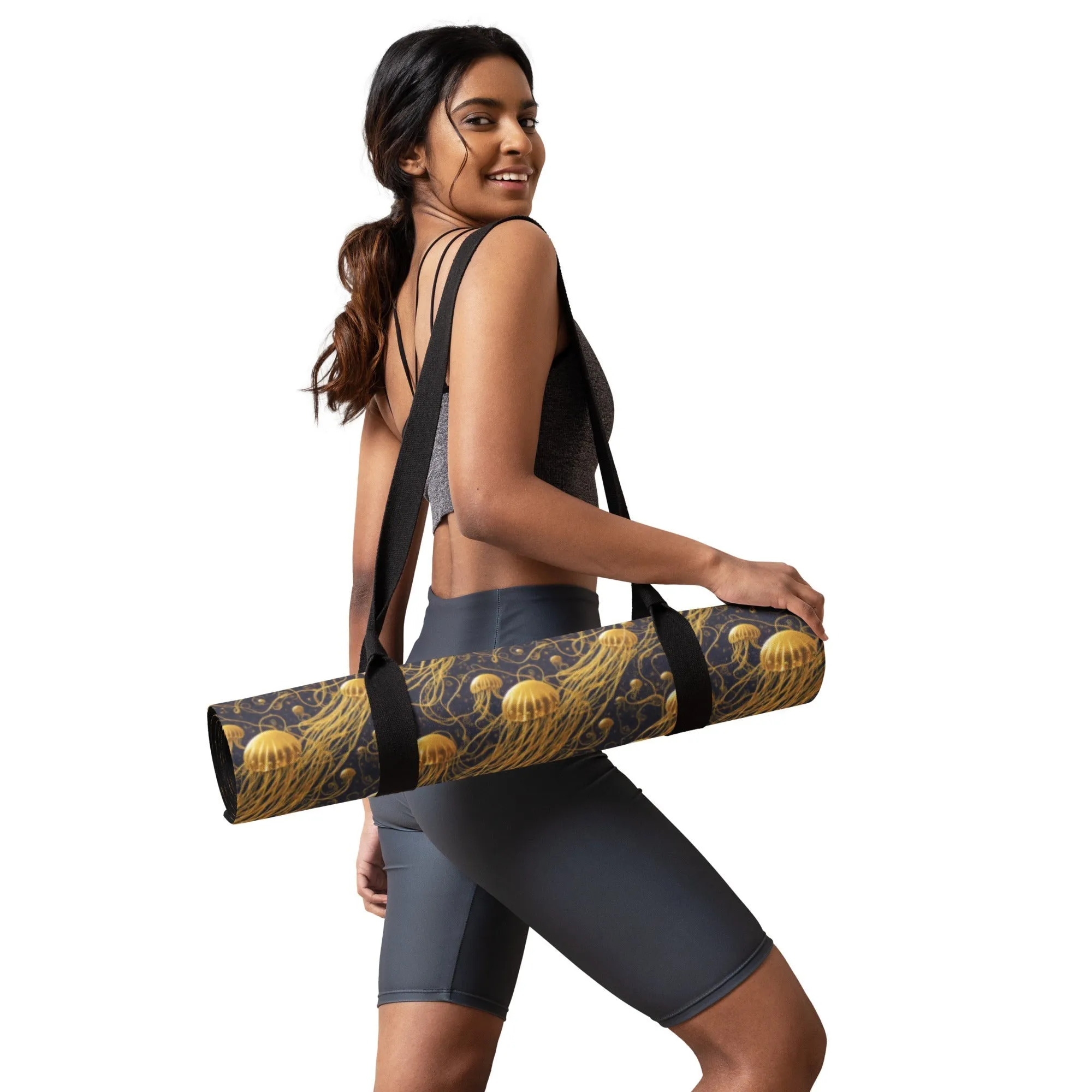 Yoga mat - Black and Gold Jellyfishes