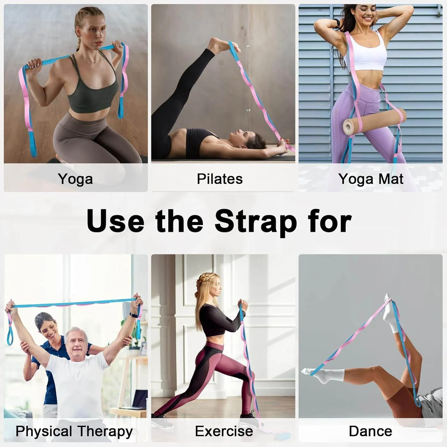 Yoga Strap for Stretching Inelastic Soft Polyester Cotton Stretch Out Band for Exercise, Yoga, Pilates and Dance for Men and Women