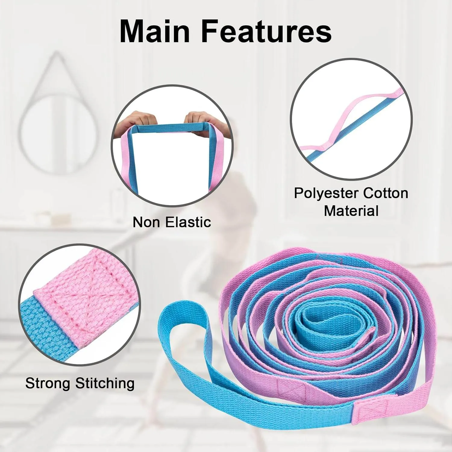 Yoga Strap for Stretching Inelastic Soft Polyester Cotton Stretch Out Band for Exercise, Yoga, Pilates and Dance for Men and Women